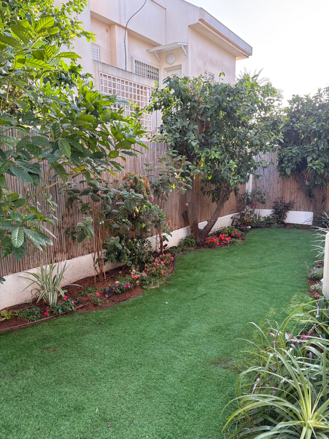 גינה פרטית עם עצים, דשא סינטטי וערוגות פורחות